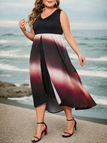 SHEIN Lady Plus Size Ombre Printed Patchwork Asymmetrical Hem Dress