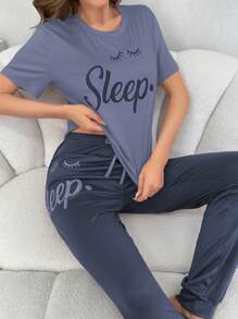 Conjunto de pijama de mangas cortas y pantalones largos impresos con pestañas y letras para primavera y verano