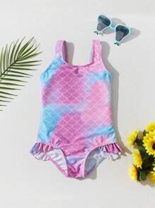 嬰兒女孩魚鱗印花荷葉邊單片泳衣 - 彩色 - 查看 7