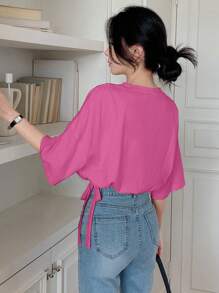 DAZY Camiseta de manga corta con hombros caídos y dobladillo con cordón, de unicolor, para verano, estilo preppy - Rosa Fucsia - Ver 2