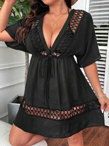 Swim Lushoire Summer Beach Fashionable Plus Size Women Solid Color Hollow Out Short Sleeve Cover Up - Black - View 4