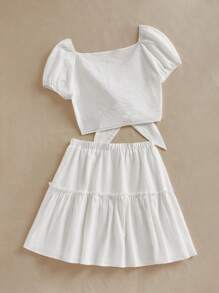 SHEIN EZwear White Woven Knitted Tie-Up Top And Ruffle Trim Skirt Women's Two-Piece Set