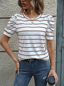 INAWLY 女士夏季条纹印花圆领短款泡泡袖休闲 T 恤图案 T 恤女式上衣 - 棕色 - 查看 1