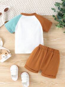 Baby Boy's Letter Print T-Shirt With Pocket And Shorts Set, Spring/Summer