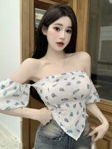 DAZY Camisa para mujer de manga corta con hombros descubiertos, manga abullonada y bajo asimétrico, para atuendos de crucero. Crop Top para mujer.