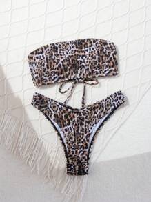 SHEIN Swim Ladies Summer Beach Vacation Style Bikini Set, Leopard Print And Random Print - Multicolor - View 3