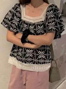 DAZY Women Fashion Printed Short Sleeve Square Neck Blouse Babydoll Top - Black - View 9