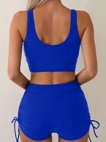 Swim Basics Conjunto de bikini sólido para mujer de verano con parte superior cruzada en la espalda y pantalones cortos de natación con cordón para vacaciones en la playa