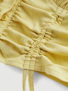 SHEIN MOD Yellow Ruffled Drawstring Cute Countryside Style Women Bubble Sleeve Shirt For Summer Crop Top Summer Outfits Summer Shirts - Yellow - View 3