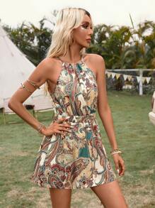Breezaya Women Paisley Print Patchwork Lace Halter Backless Dress For Summer Music Festival - Multicolor - View 5
