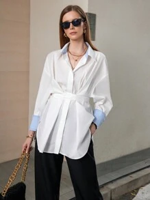 SHEIN Privé Commuter Oversized Color Block Cuff Long Sleeve Tie-Front Shirt