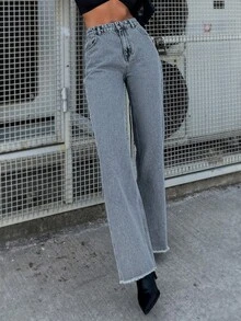 Straight Leg Jeans With Raw Hem - Blue - View 5