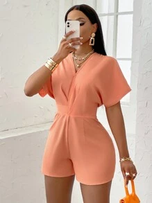 AIJ 女士蝙蝠印花不对称腰身连体裤 - 橘色 - 查看 5