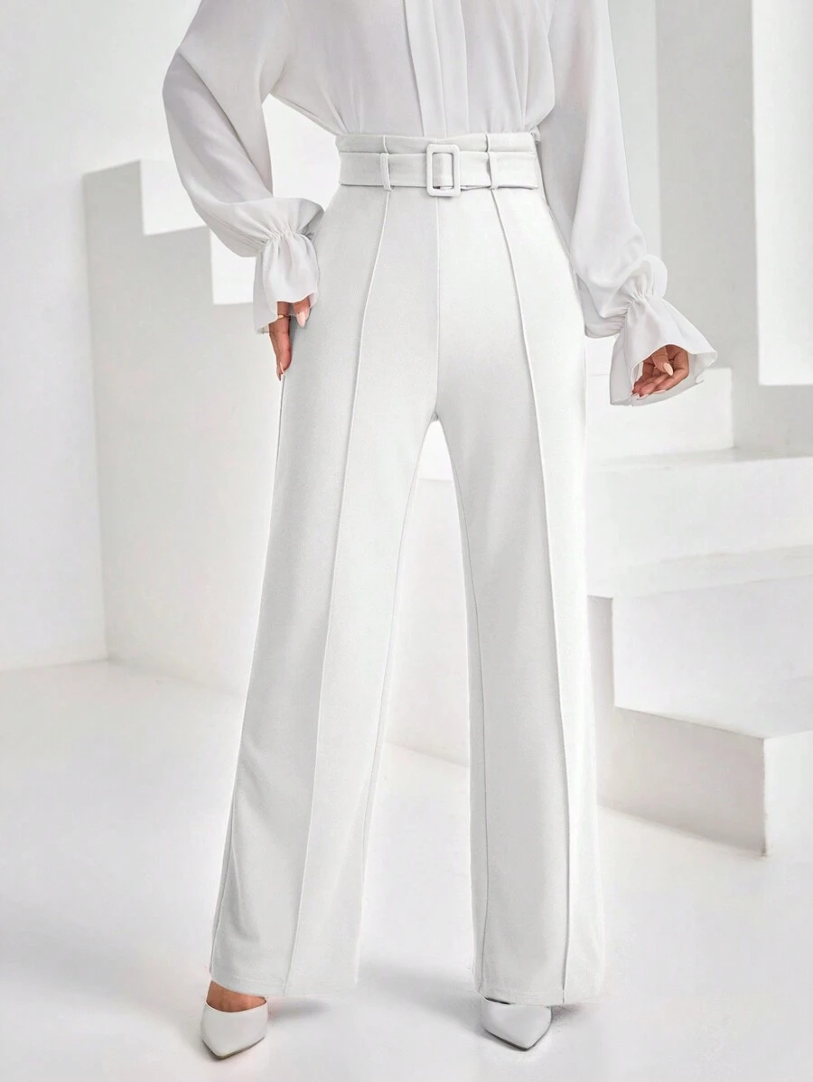 Firerie Women Solid Color Belted Flared Leg Long Pants - White - View 1