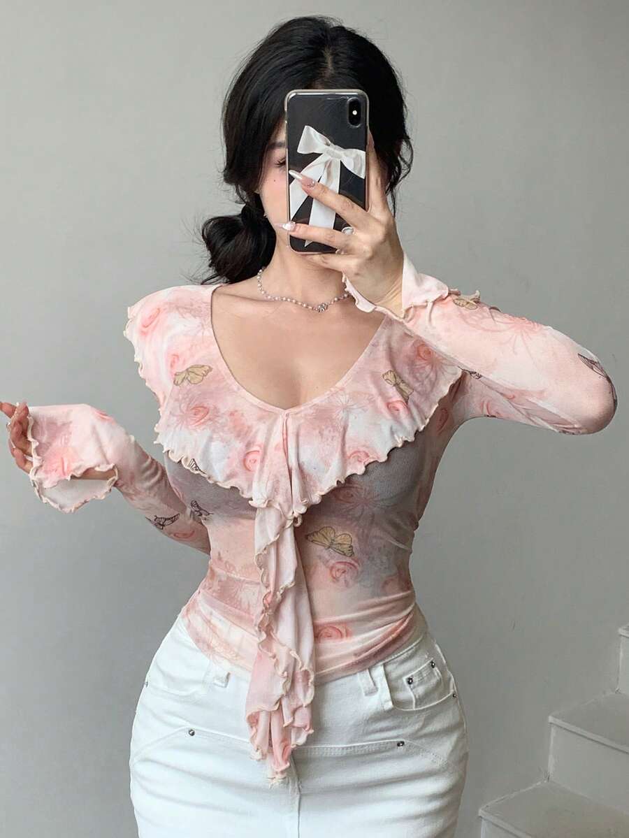 DAZY 花卉網紗透視褶邊修身長袖女上衣 - 粉色 - 查看 1