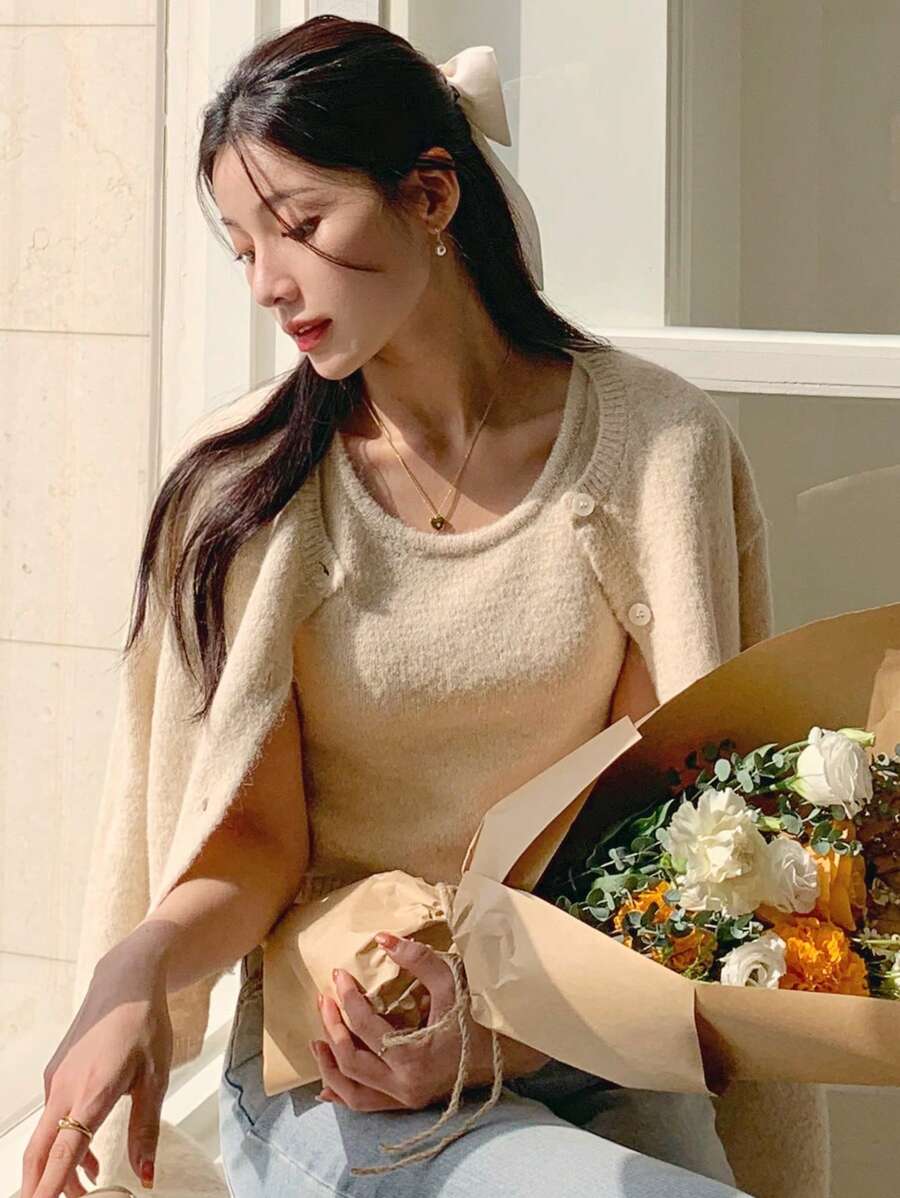 DAZY Damski prosty codzienny kardigan w jednolitym kolorze, wszechstronny mecz - Morela - Zobacz 1