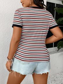 SHEIN Frenchy Plus Size Boho Color-Block Striped Slim-Fit Short Sleeve T-Shirt For Summer - Multicolor - View 2