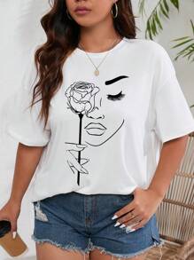 INAWLY Camiseta casual de manga corta con estampado de rostro abstracto y flor de cuello redondo para verano, camiseta gráfica tallas grandes para mujer
