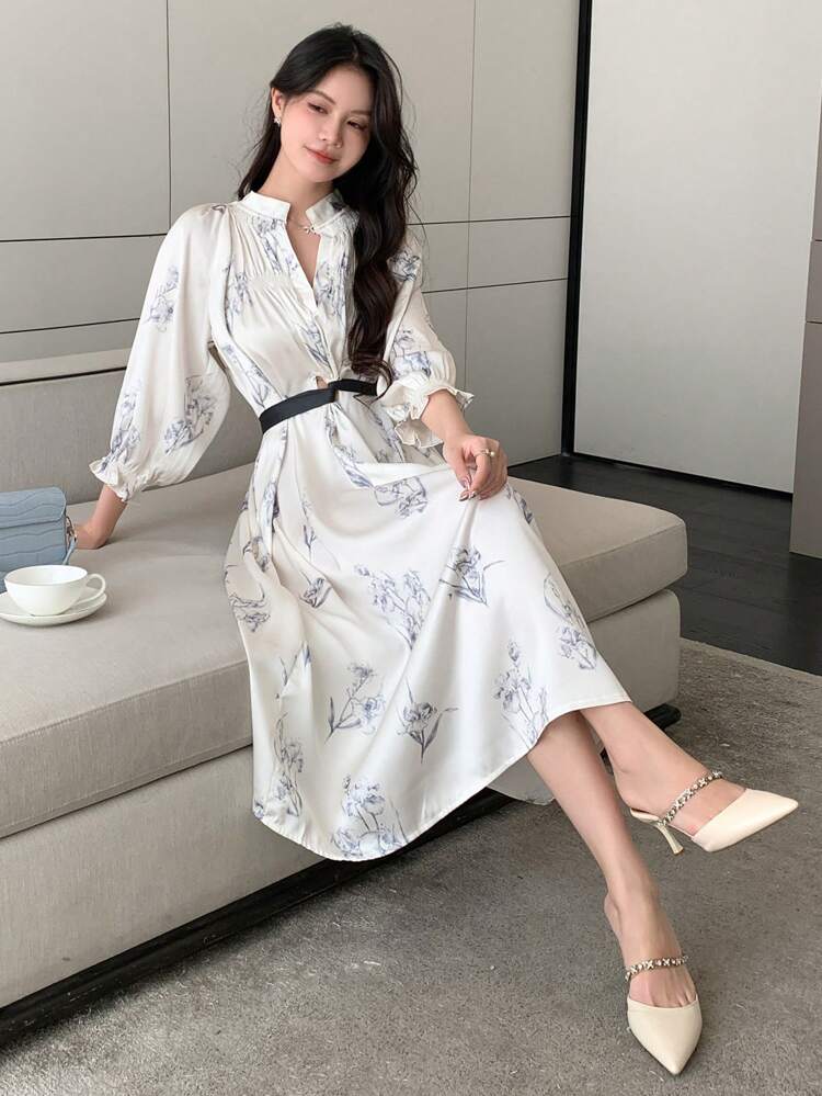 Women Spring/Summer Casual Lantern Sleeve Dress With Floral Print And V-Neckline Maxi Dress
