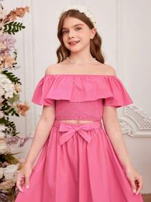 SHEIN Conjunto de Top sem Alça e Saia tecido de cor sólida para menina adolescente, lindo e fofo para a primavera/verão