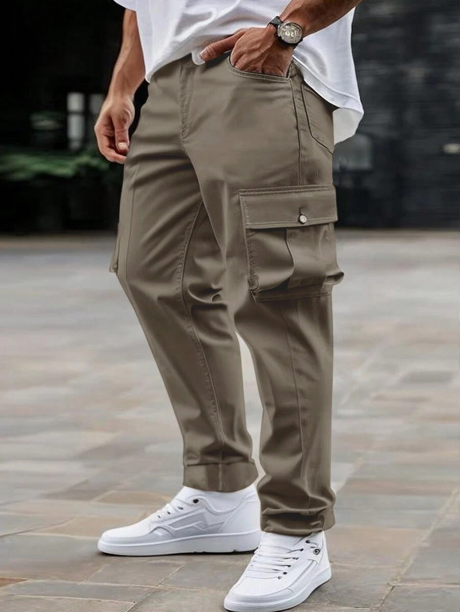 Manfinity Homme Pantalon cargo décontracté pour hommes avec taille cordonnée et poches - Militaire verte - Voir 1