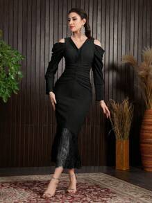 Modelyn Women Cold Shoulder Long Sleeve Solid Color Dress With Ruffle Fish Tail Hem And Elegant Pleats, For Spring And Summer - Black - View 4