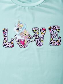 SHEIN Tween Girl Cartoon Unicorn & Letter Print Short Sleeve T-Shirt Combo