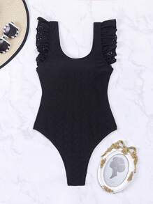 SHEIN Swim 夏季海滩女士镂空刺绣海滩度假纯色荷叶边连体泳衣 - 黑色 - 查看 2