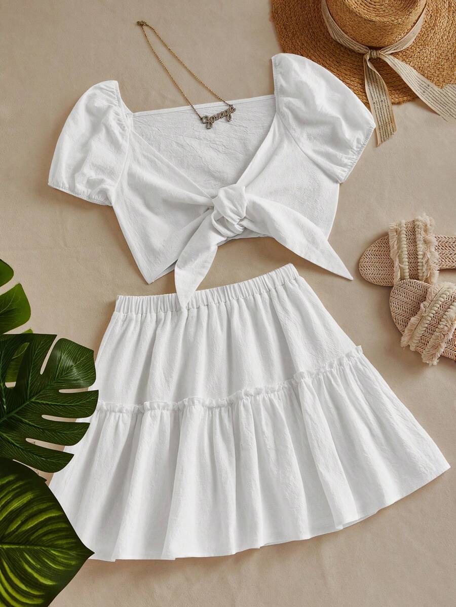 SHEIN EZwear White Woven Knitted Tie-Up Top And Ruffle Trim Skirt Women's Two-Piece Set