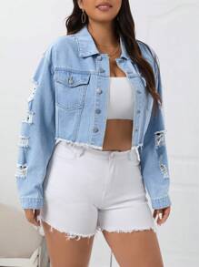 SHEIN Essnce Kích thước lớn NỮ Mùa Xuân Mùa thu Thả vai Tay áo dài Đau khổ Áo khoác denim - Rửa nhẹ - Xem 6