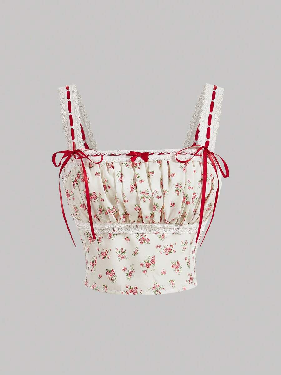 SHEIN MOD 夏季蕾絲拼接小碎花印花百褶細肩帶上衣 - 彩色 - 查看 1