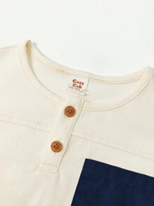 Cozy Pixies Baby Boy Round Neck Colorblock Patch Pocket Short Sleeve Top Plain Long Pants Casual Two-Piece Set - Blue - View 5