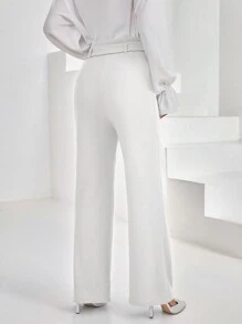 Firerie Women Solid Color Belted Flared Leg Long Pants - White - View 2