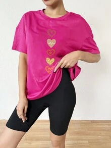 SHEIN Slayr Remera Holgada y sobredimensionada con estampado de corazón simple en los hombros caídos para verano - Rosa Fucsia - Ver 4