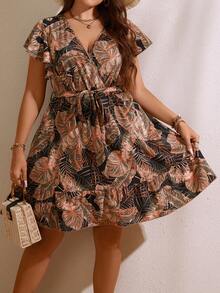 SHEIN Holidaya Kích thước lớn NỮ Mùa hè Kỳ nghỉ Phong cách Hoa In Chồng chéo Cổ chữ V Ruffled Ngắn tay Đầm - màu đen - Xem 4