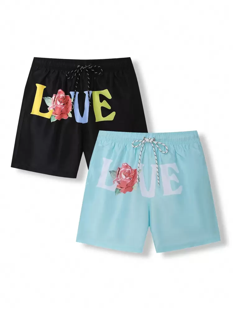 Men's Elastic Waist Beach Shorts With Letter & Flower Print