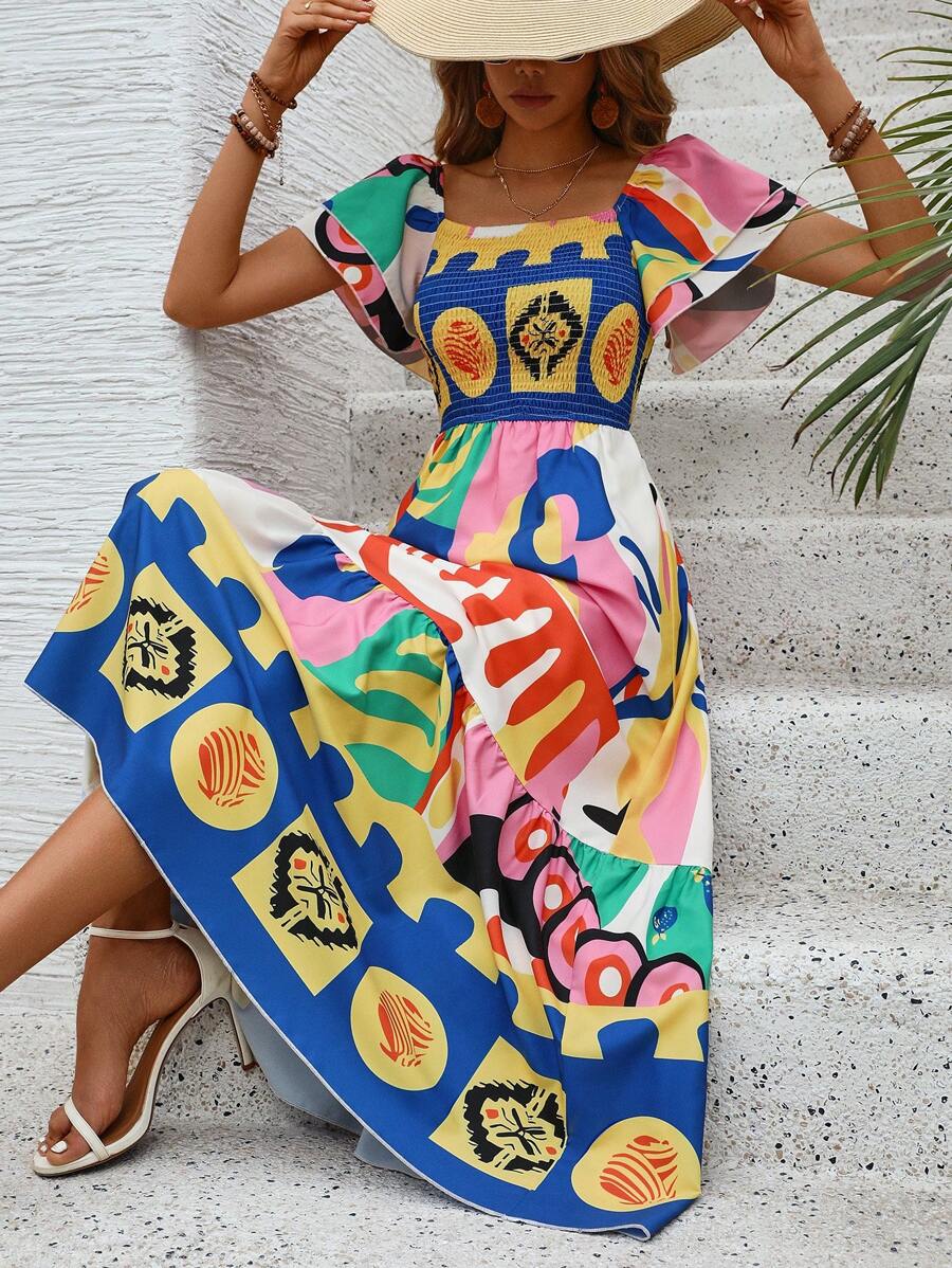 Breezaya Women Fashionable Colorful Printed Ruffle Sleeve Dress (Random Print) Maxi Vacation Beach Outfit - Multicolor - View 1