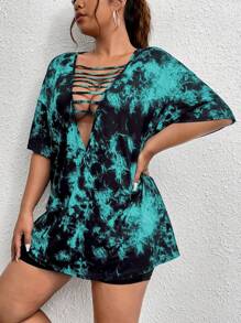 Flirla 大码扎染印花镂空深 V 领宽松 T 恤夏季图案 T 恤女式上衣 - 彩色 - 查看 3