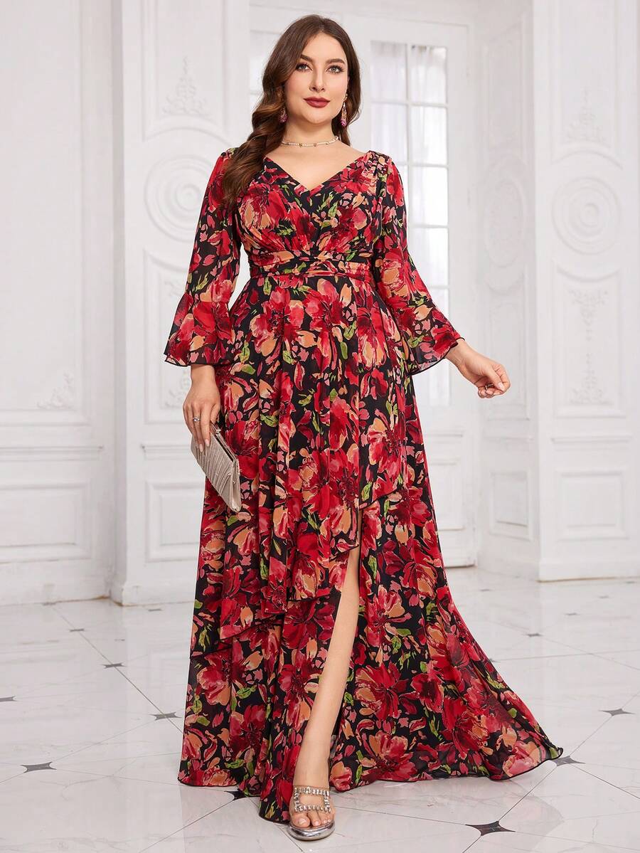 SUPGIR Plus Size Assorted Floral V-Neck Ruffle Bell Sleeve Floral Print High Slit Dress - Multicolor - View 1
