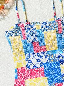 SHEIN Swim 女士印花墊設計小吊帶連身泳衣，適合夏季海灘假期 - 彩色 - 查看 4