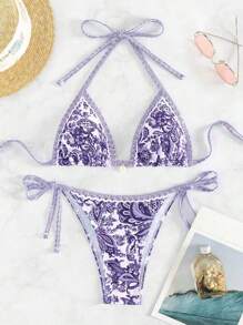 SHEIN Swim 女性夏季海灘時尚印花頸掛比基尼套裝 - 紫色 - 查看 1