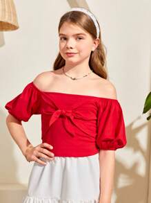 Tween Girl Short Knit Top With Plain And Off-Shoulder Design For Spring/Summer Vacation And Leisure - Red - View 3