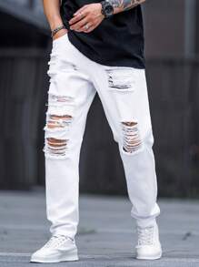 Manfinity EMRG Men White Distressed Skinny Jeans - White - View 7