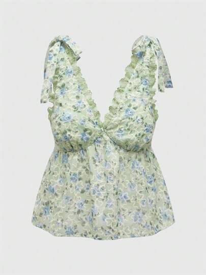 Fairycore Women Summer Casual Holiday Lace Patchwork Ditsy Floral Print Tank Top