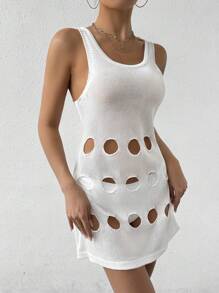 SHEIN Swim Women Summer White Hollow Out Round Neck Sleeveless Hooded Dress - White - View 6