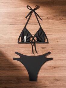 Swim SXY Women Halter Neck Bikini Set For Vacation, Sexy Style, No Padding, Two-Piece Solid Color,Summer Beach - Black - View 2