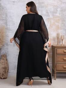 Plus Size Floral Embroidery Batwing Sleeve Dress For Spring & Summer - Black - View 2