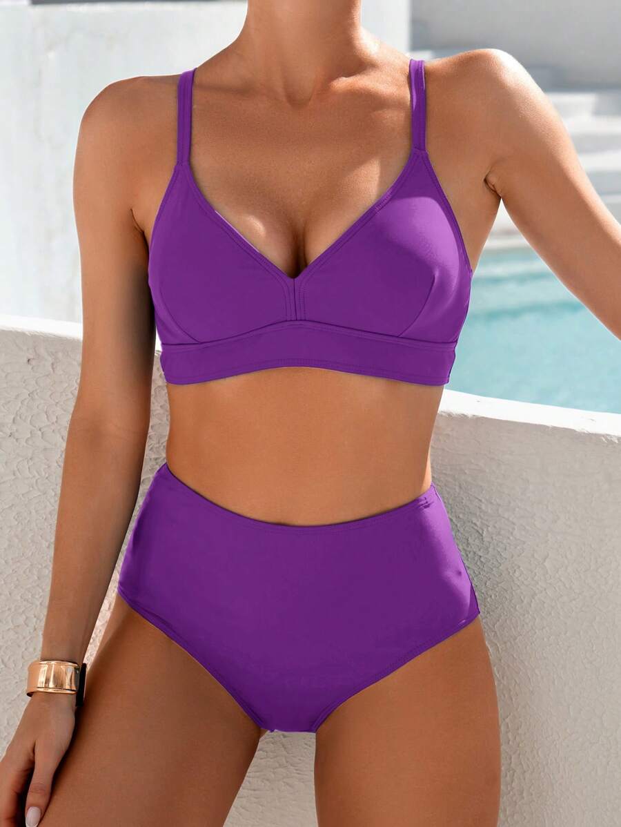 Swim Chiccia 夏季沙灘女性純色簡約沙灘泳衣套裝 - 紫色 - 查看 1