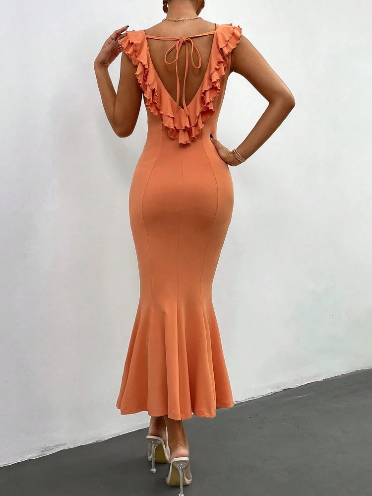 Women's Elegant Orange Summer Beach Holiday Party Dress,Solid Color Ruffle Strap Mermaid Hem Long Milkmaid Dress For Wedding Anniversary & Vacation