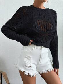 RueChic 素色插肩袖網眼針織套頭毛衣 - 黑色 - 查看 4